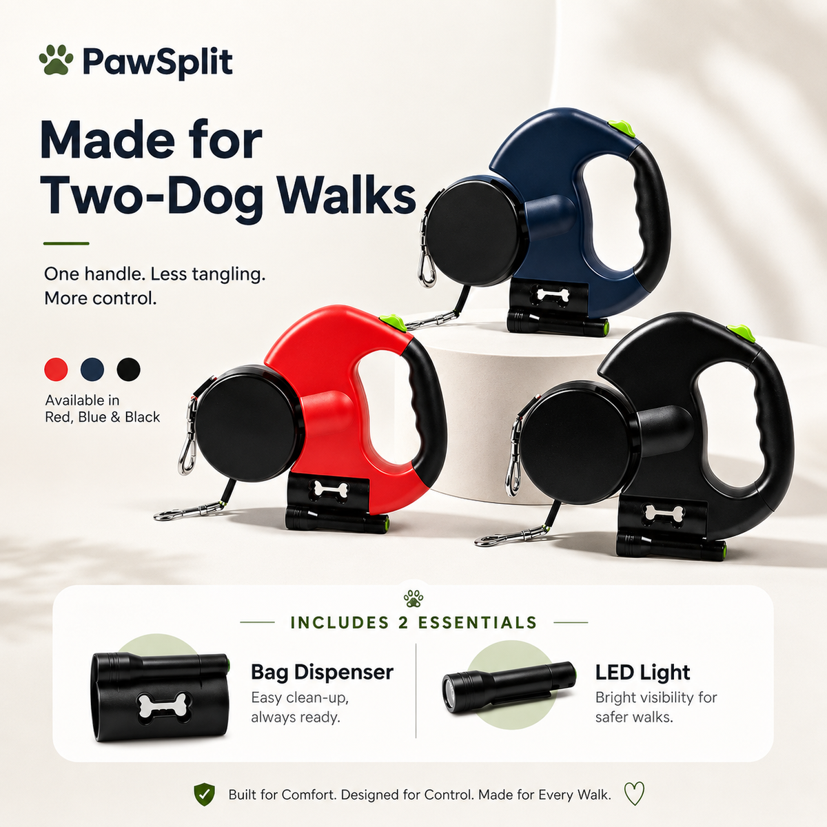 PawSplit™ Dual Retractable Dog Leash with LED Light