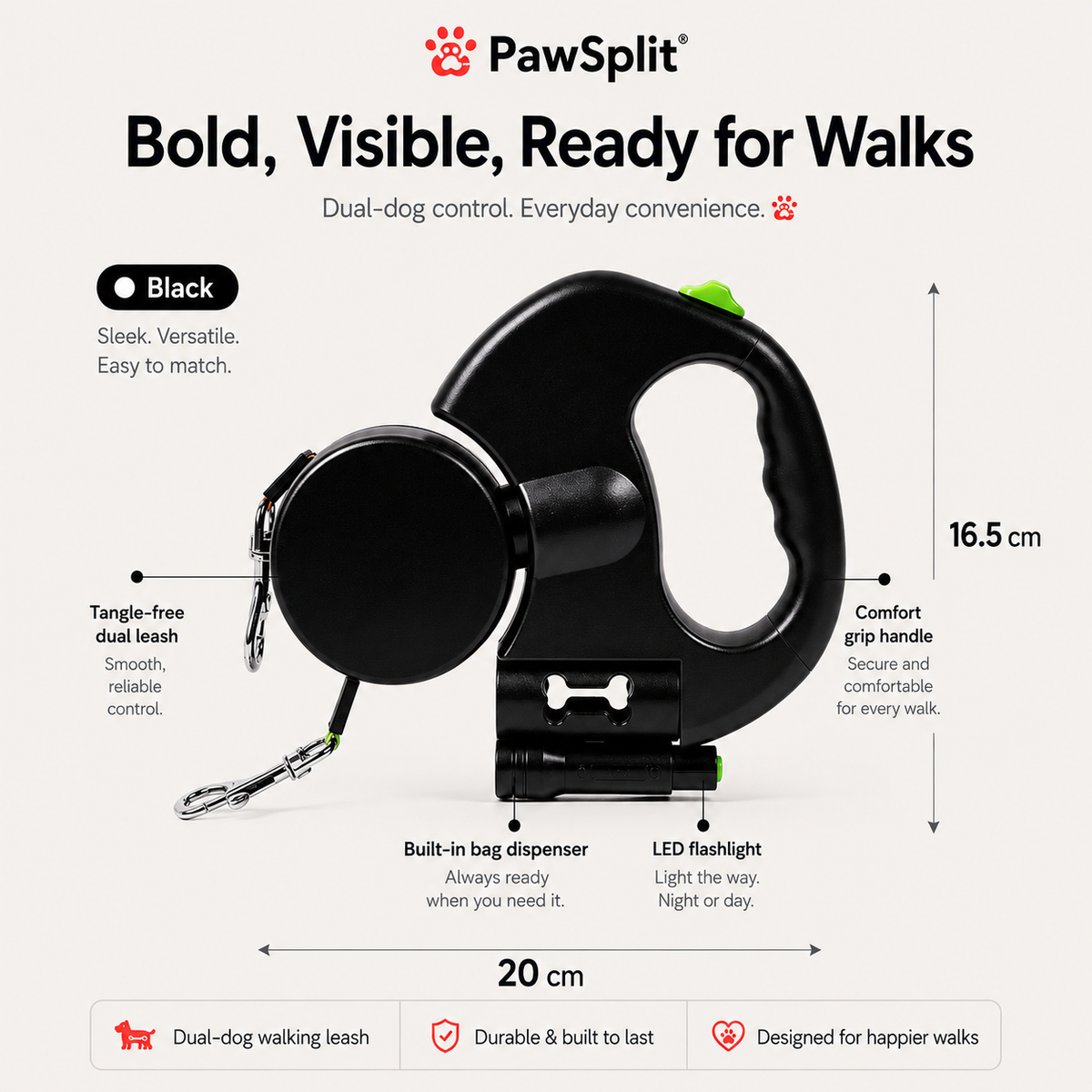 PawSplit™ Dual Retractable Dog Leash with LED Light
